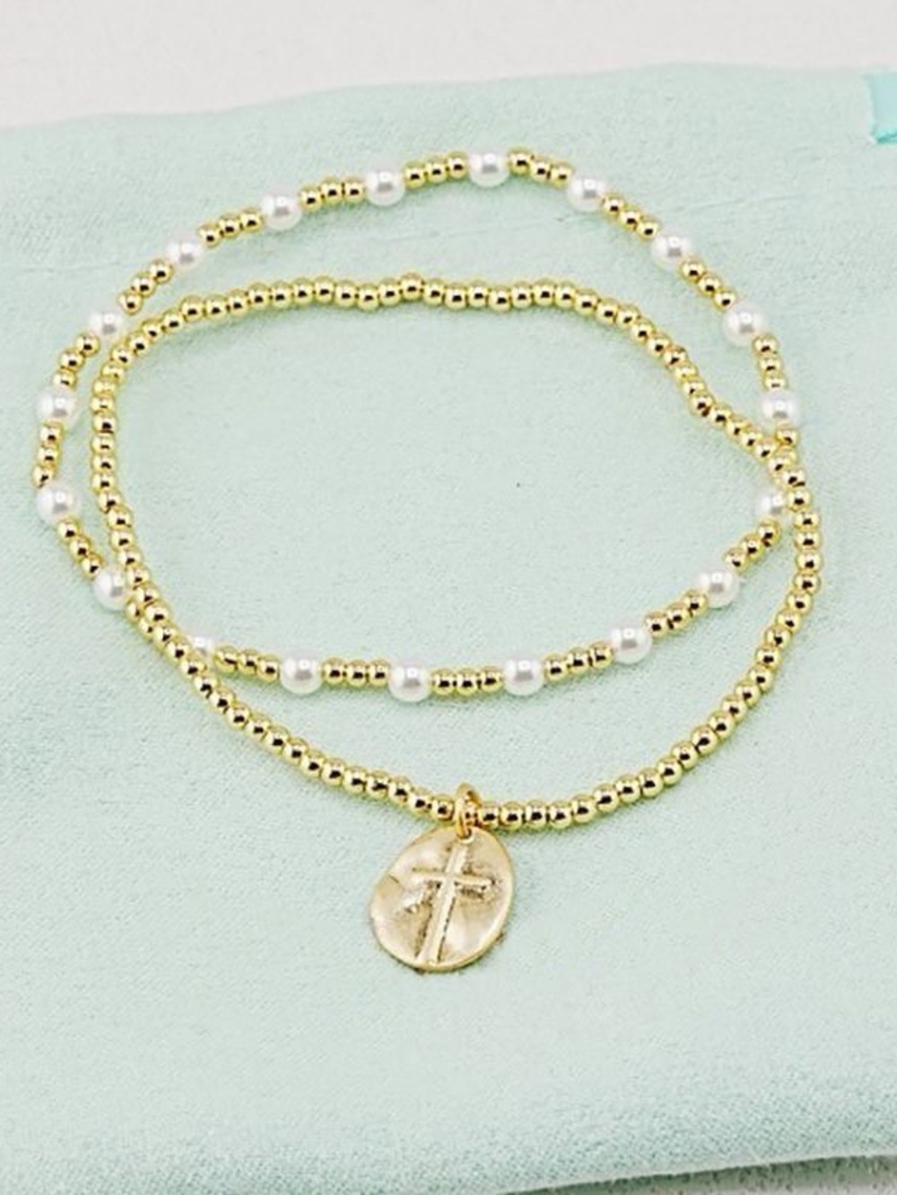 Gold Beaded Double-Wrap Bracelet with White Pearls - Picture 3 of 4